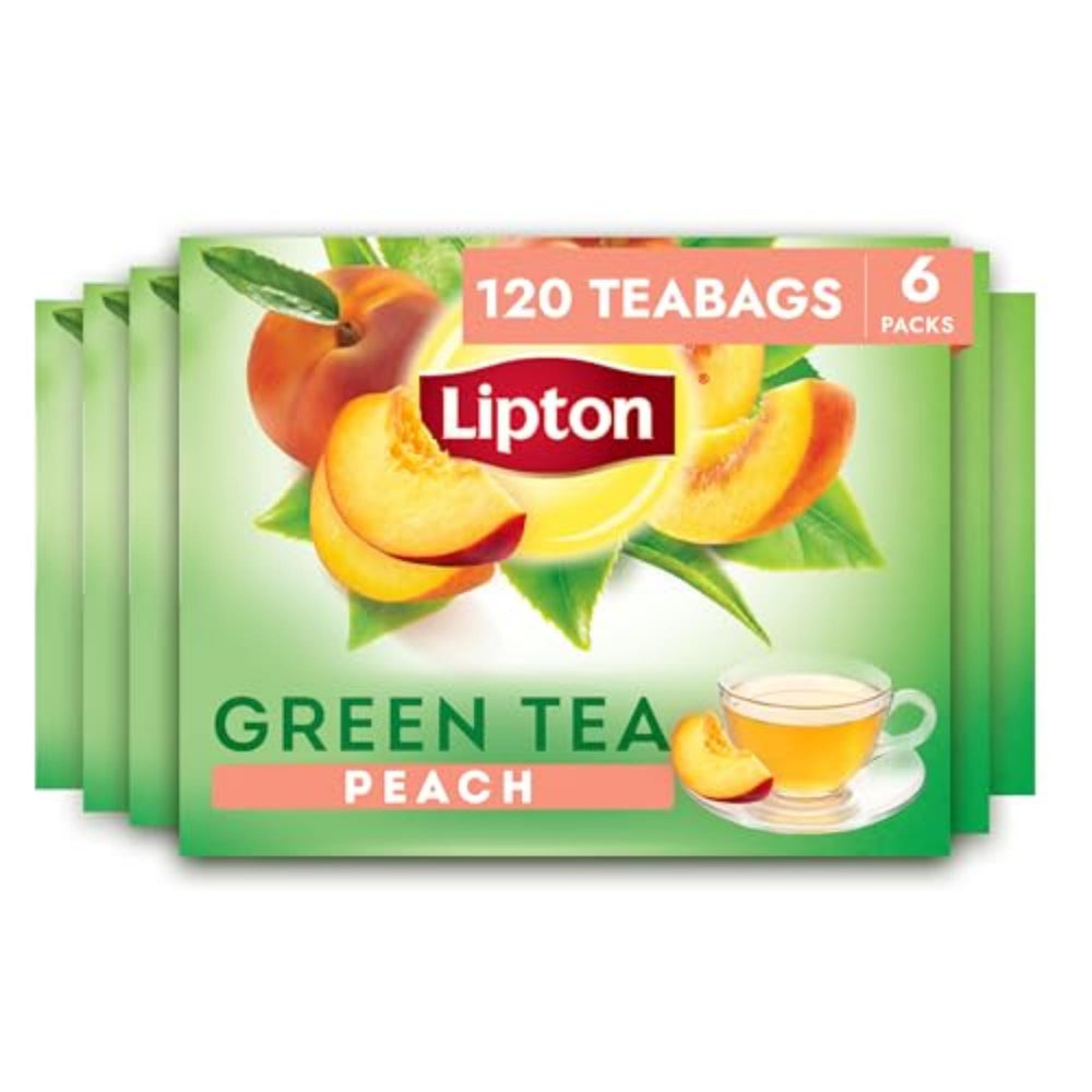 Lipton Peach Green Tea bags packshot showing brand label and flavor notes for everyday refreshment