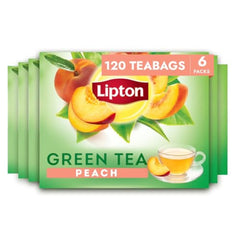 Lipton Peach Green Tea bags packshot showing brand label and flavor notes for everyday refreshment