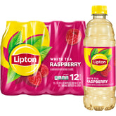Lipton Raspberry White Tea bottle front view, refreshing and inviting in bright packaging.
