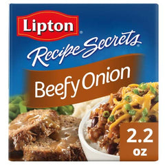 Lipton Recipe Secrets Beefy Onion box highlights convenient four-pack for quick flavorful meals