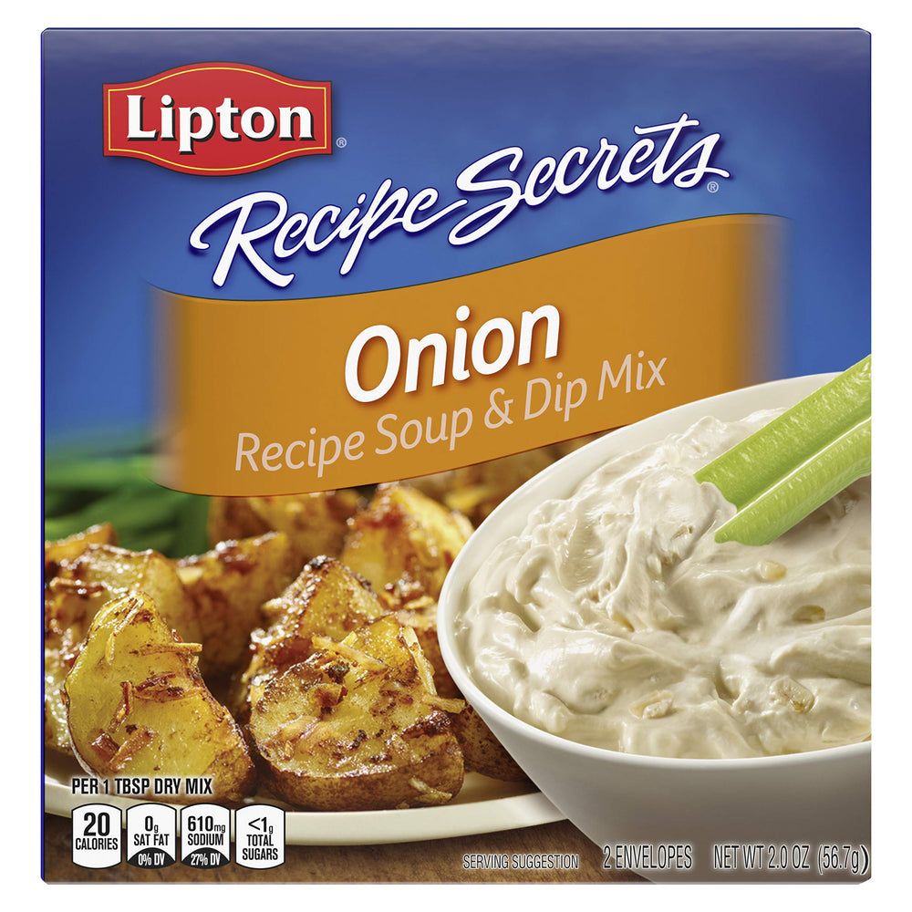 Lipton Recipe Secrets onion-soup-dip-mix packet on counter offers weeknight flavor