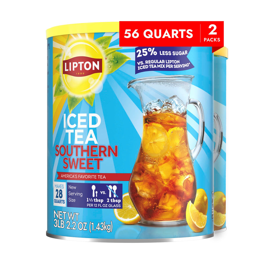 Lipton Southern Sweet Reduced Sugar Iced Tea Mix canister ready for quick lemon tea