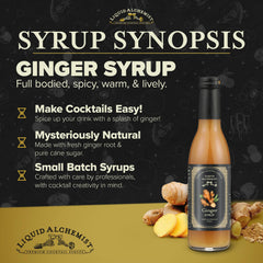 Liquid Alchemist Ginger Syrup label close-up showing organic ginger and cane sugar.