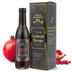 Liquid Alchemist Grenadine bottle pouring for cocktails, highlighting real pomegranate flavor