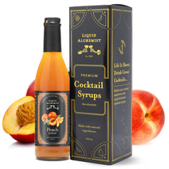 Liquid Alchemist Peach Syrup bottle front shows real peach puree for fresh cocktail flavor.