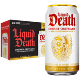 Liquid Death Cherry Obituary can-front showing bold flavor and low sugar