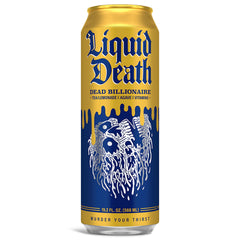 Liquid Death Dead Billionaire close-up label highlighting half lemonade half black tea blend benefit