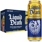 Liquid Death Dead Billionaire front can showing bold black tea and lemon branding, clear refreshment