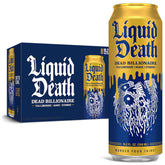 Liquid Death Dead Billionaire front packaging showing bold can art and low-calorie benefit