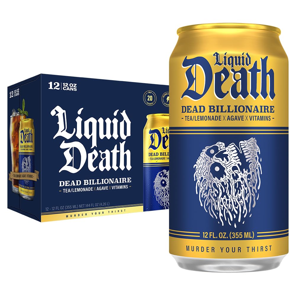 Liquid Death Dead Billionaire can front view highlighting black tea and lemonade flavor