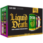 Liquid Death front packaging showing all four cans and variety benefits
