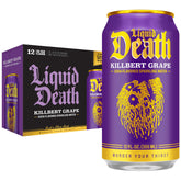 Liquid Death front can showing Killbert Grape branding and bold design benefit: eye-catching shelf presence