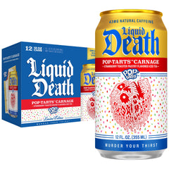 Liquid Death front can showing Pop-Tarts Carnage flavor and bold look