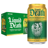 Liquid Death Green Guillotine iced tea can with bold logo and low calories.
