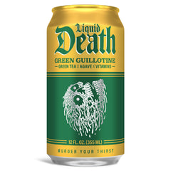 Liquid Death Green Guillotine caffeine label highlights natural energy boost.