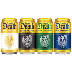 Liquid Death iced tea can closeup label highlighting caffeine and B vitamins