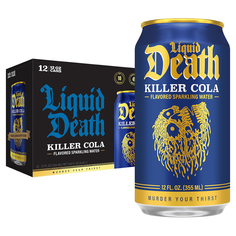 Liquid Death Killer Cola can closeup showing bold label and caffeine-free refreshment