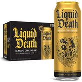 Liquid Death Mango Chainsaw can front, mango-flavored sparkling water for on-the-go refreshment.
