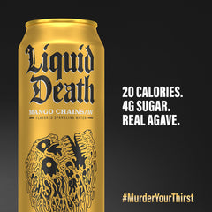 Liquid Death Mango Chainsaw label closeup showcases bold branding and flavor promise.