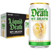 Liquid Death Mt. Death front packaging showing bold can design and portability benefit
