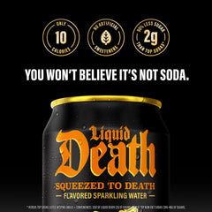 Liquid Death orange soda label detail emphasizing sustainability and branding.