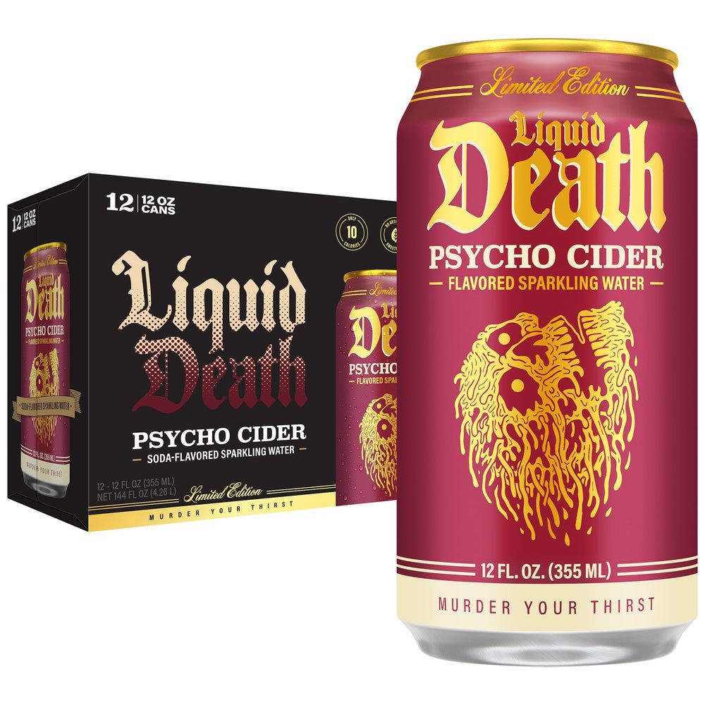 Liquid Death front can showing Psycho Cider branding and bold apple-cinnamon appeal