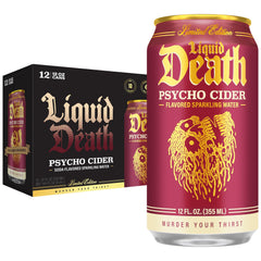 Liquid Death front can showing Psycho Cider branding and bold apple-cinnamon appeal