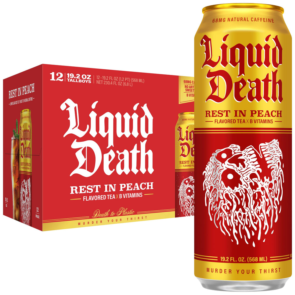 Liquid Death can front view showing Rest In Peach branding and bold design benefit: recyclable packaging