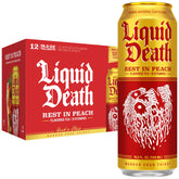 Liquid Death can front view showing Rest In Peach branding and bold design benefit: recyclable packaging