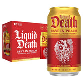 Liquid Death Rest in Peach iced tea can with crisp peach flavor and 75% less sugar.