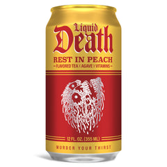Liquid Death Rest in Peach iced tea being poured into a glass for a refreshing sip.
