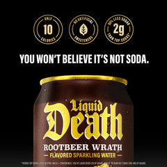 Liquid Death Root Beer Wrath 12oz pack shows recyclable cans