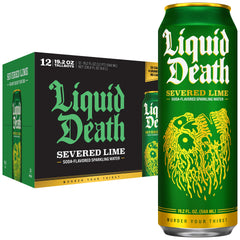 Liquid Death Severed Lime can closeup highlighting bold lime flavor.