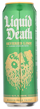 Liquid Death front can view showing lime branding and bold design for standout shelf appeal