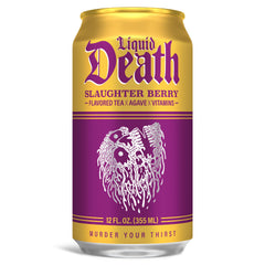 Liquid Death Slaughter Berry bottle beside glass, crisp caffeine boost.