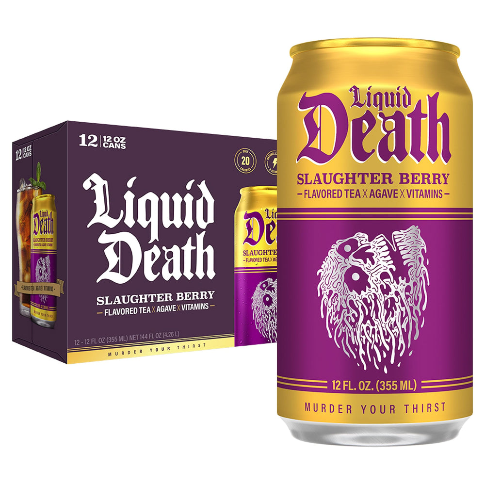 Liquid Death Slaughter Berry can on shelf, bold raspberry flavor, low sugar.