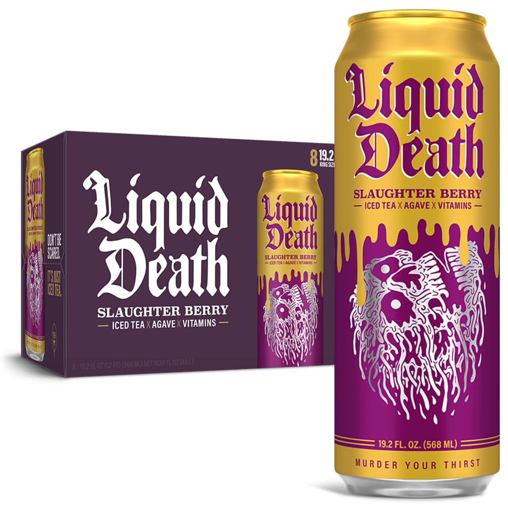 Liquid Death Slaughter Berry iced tea can with raspberry flavor and bold taste for refreshment