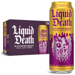 Liquid Death Slaughter Berry iced tea can with raspberry flavor and bold taste for refreshment