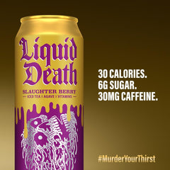 Liquid Death Slaughter Berry iced tea close-up highlighting B12 and B6 vitamins