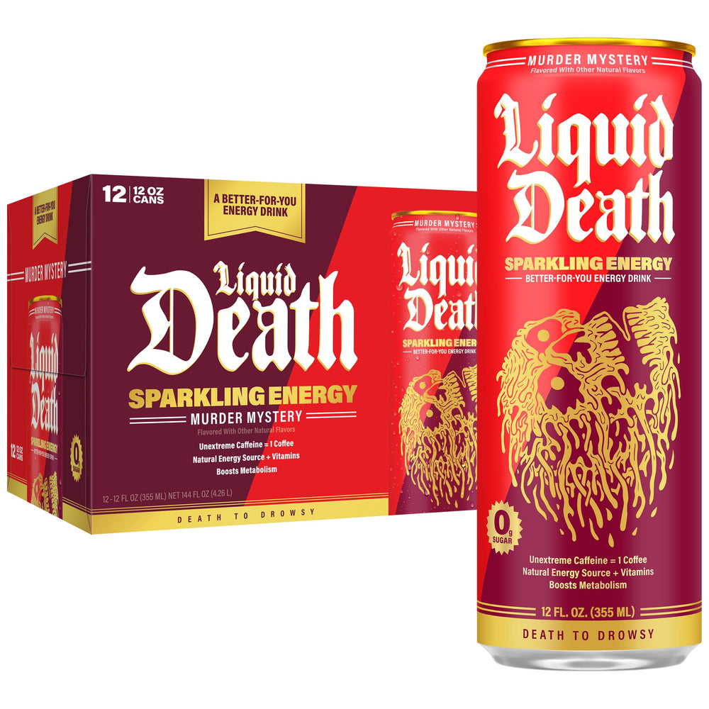 Liquid Death Sparkling Energy Murder Mystery Cherry can for a refreshing daytime lift