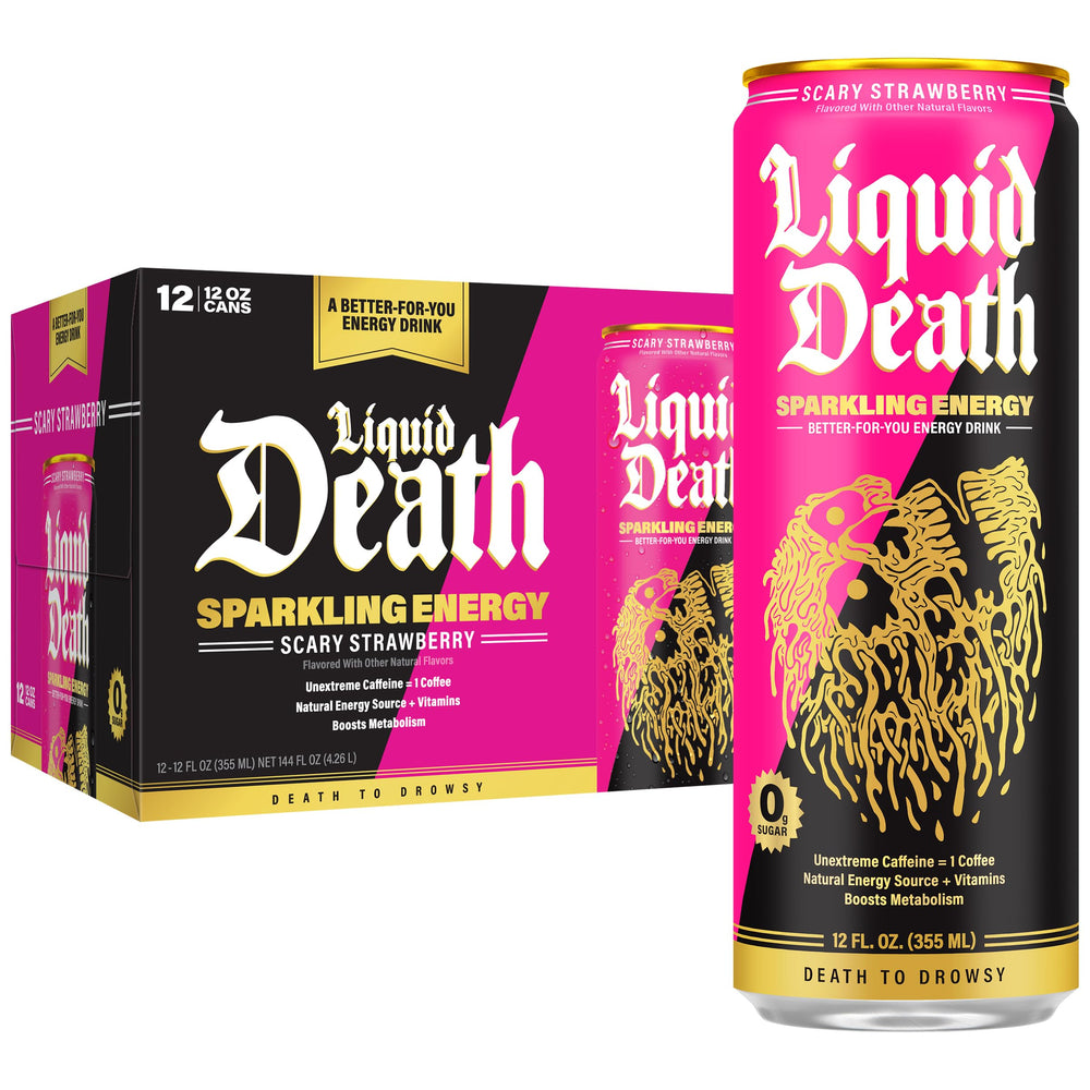 Liquid Death Sparkling Energy Scary Strawberry bottle offers a zero-sugar, refreshing boost.