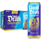 Liquid Death Sparkling Energy Tropical Terror can being poured for a refreshing pineapple coconut twist