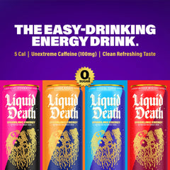 Liquid Death Sparkling Energy poured into a glass with tropical garnish for a crisp finish