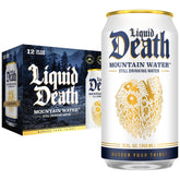 Liquid Death Still Mountain Water can closeup from real mountains for hydration.