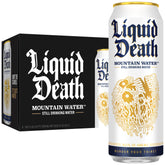 Liquid Death front can view showing branding and refreshing look benefits portability
