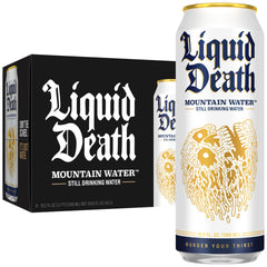 Liquid Death front can view showing branding and refreshing look benefits portability