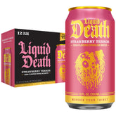 Liquid Death Strawberry Terror can front view, bold label signaling big flavor with low sugar.