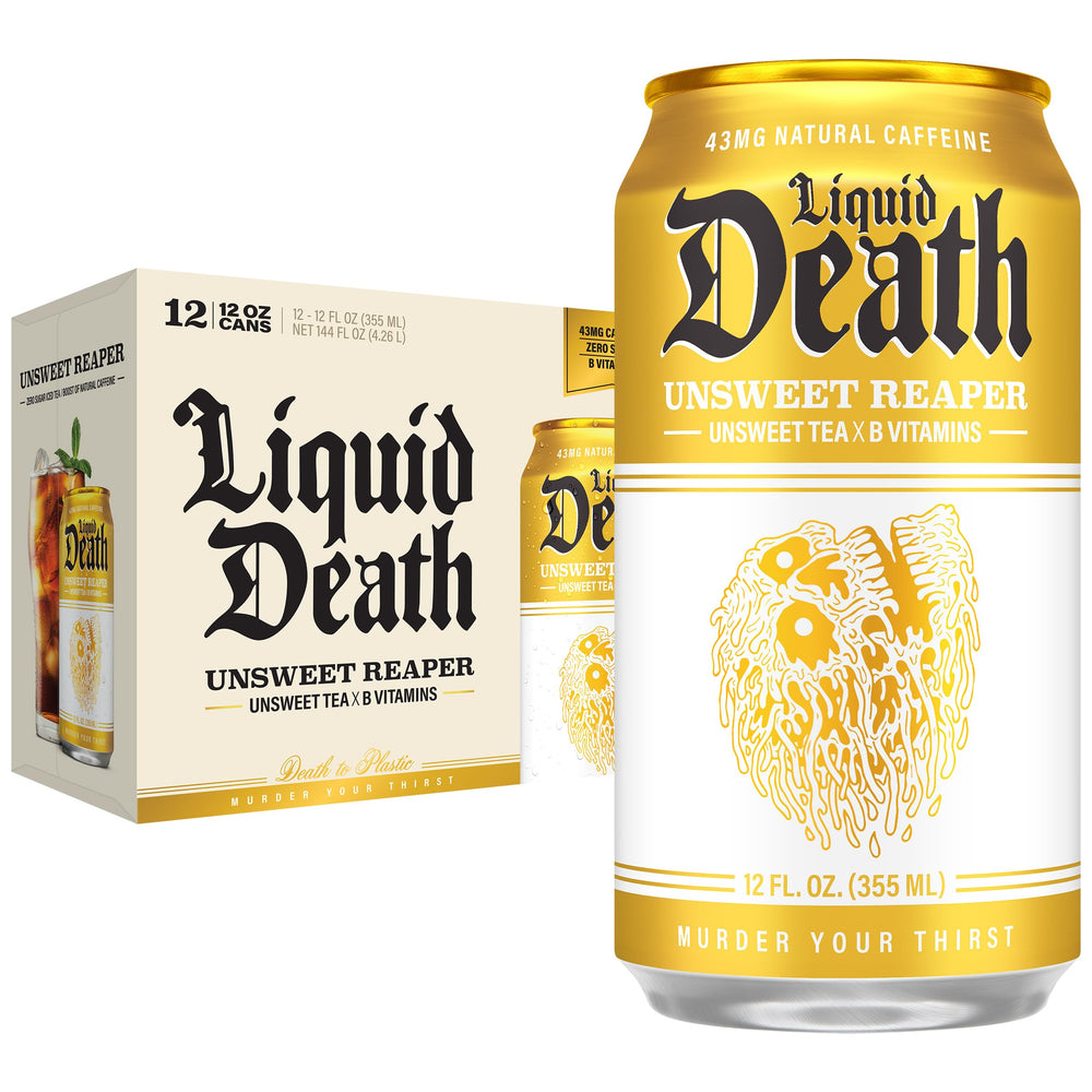 Liquid Death front can view showing label and recyclable benefit