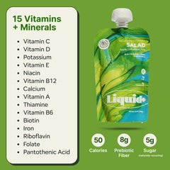 Liquid Plus Liquid Salad nutrition label close-up highlighting vitamins and minerals.