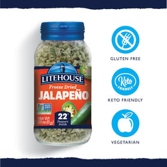 Litehouse Freeze Dried Jalapeno Peppers jar closeup shows bold color and long shelf life.
